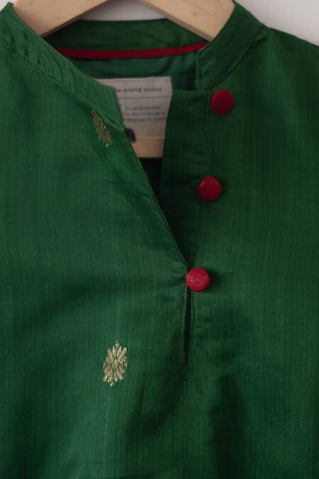 Love The World Today_Green Cotton Silk Woven Buti Motifs Kurta_at_Aza_Fashions