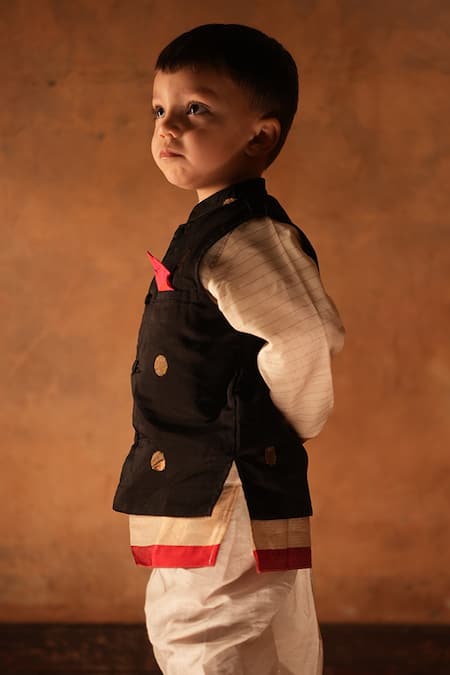 Love The World Today Black Polka Woven Nehru Jacket 