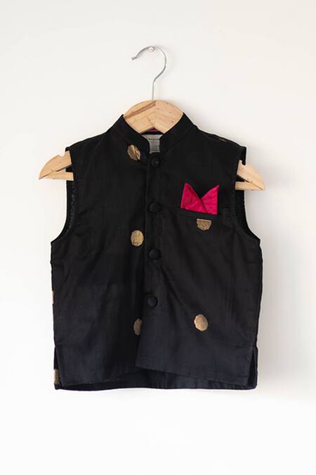 Love The World Today Black Cotton Silk Woven Polka Nehru Jacket at Aza Fashions Love The World Today_Black Cotton Silk Woven Polka Nehru Jacket _at_Aza_Fashions