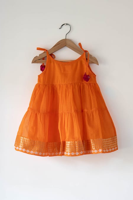 Shop_Love The World Today_Orange Cotton Silk Woven Geometric Butti Tiered Dress_at_Aza_Fashions