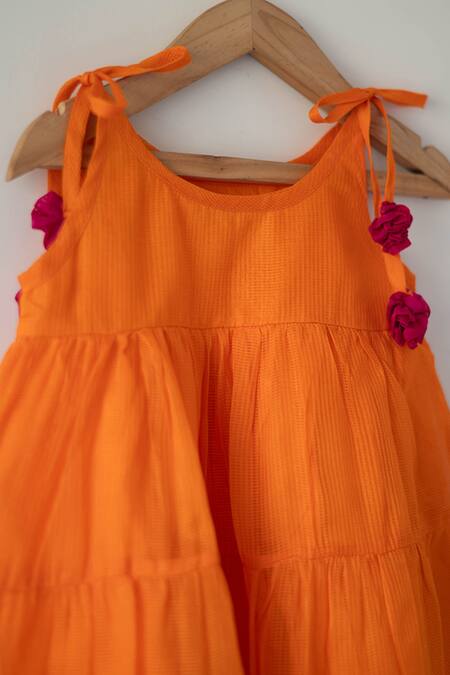 Love The World Today_Orange Cotton Silk Woven Geometric Butti Tiered Dress_Online_at_Aza_Fashions