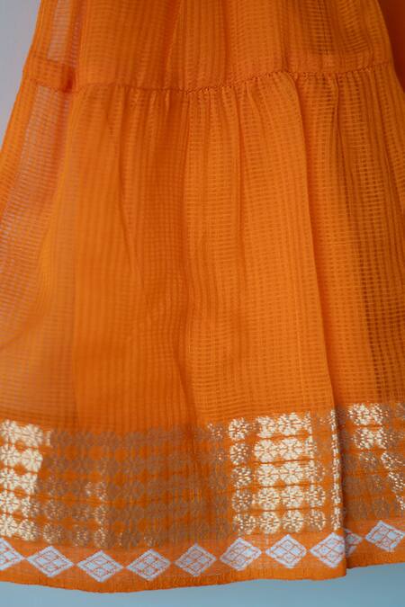 Shop_Love The World Today_Orange Cotton Silk Woven Geometric Butti Tiered Dress_Online_at_Aza_Fashions