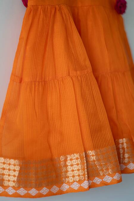 Love The World Today_Orange Cotton Silk Woven Geometric Butti Tiered Dress_at_Aza_Fashions
