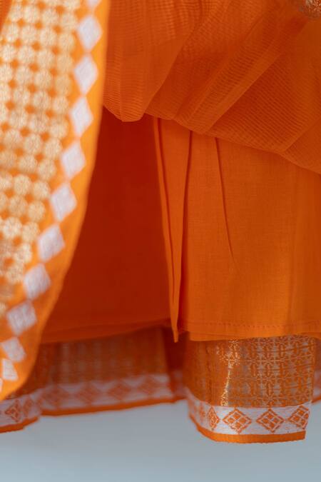 Buy_Love The World Today_Orange Cotton Silk Woven Geometric Butti Tiered Dress