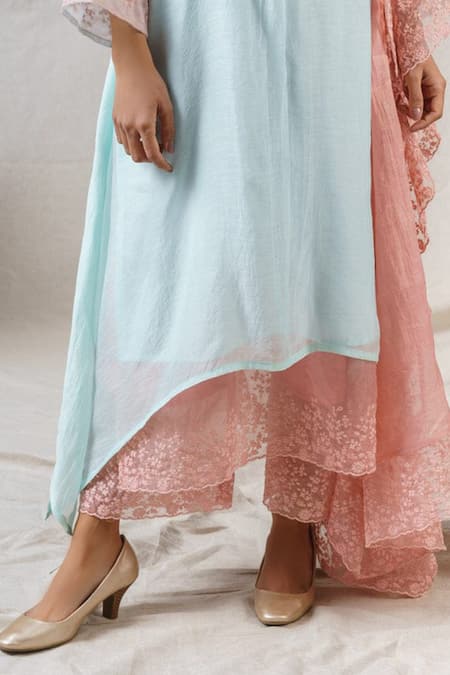 Naaz By Noor_Blue Organza Embroidery Round Neck Frost Bloom Kurta Set _Online_at_Aza_Fashions