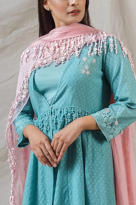 Shop Naaz By Noor Blue Chanderi, Chiffon Lace, Embroidery Bloom Embellished Kurta Sharara Set at Aza Fashions Shop_Naaz By Noor_Blue Chanderi, Chiffon Lace, Embroidery Bloom Embellished Kurta Sharara Set _at_Aza_Fashions