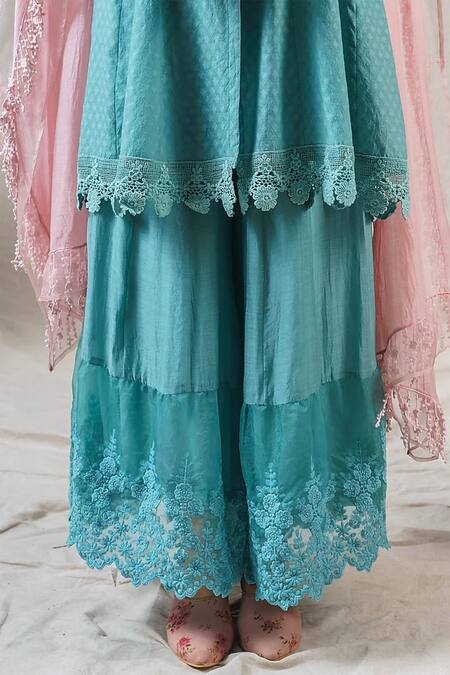 Naaz By Noor Blue Chanderi, Chiffon Lace, Embroidery Bloom Embellished Kurta Sharara Set Online at Aza Fashions Naaz By Noor_Blue Chanderi, Chiffon Lace, Embroidery Bloom Embellished Kurta Sharara Set _Online_at_Aza_Fashions