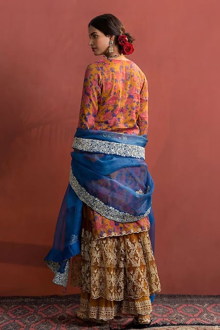 Shop Naaz By Noor Orange Organza Embroidery V-neck Gulbahar Print Kurta Sharara Set at Aza Fashions Shop_Naaz By Noor_Orange Organza Embroidery V-neck Gulbahar Print Kurta Sharara Set _at_Aza_Fashions