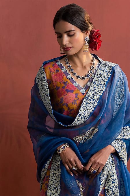 Naaz By Noor Orange Organza Embroidery V-neck Gulbahar Print Kurta Sharara Set Online at Aza Fashions Naaz By Noor_Orange Organza Embroidery V-neck Gulbahar Print Kurta Sharara Set _Online_at_Aza_Fashions