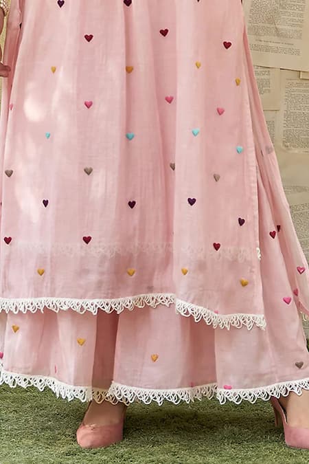 Buy_Naaz By Noor_Pink Cotton, Chanderi Lace, Embroidery Round Neck Baby Heart Kurta Sharara Set _Online_at_Aza_Fashions