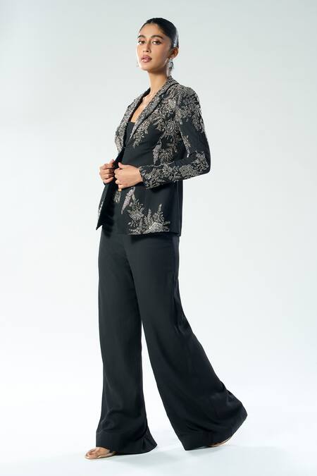 Buy_Rishi And Soujit_Black Georgette Hand Embroidery Chir Jacket Lapel Pant Set _Online_at_Aza_Fashions