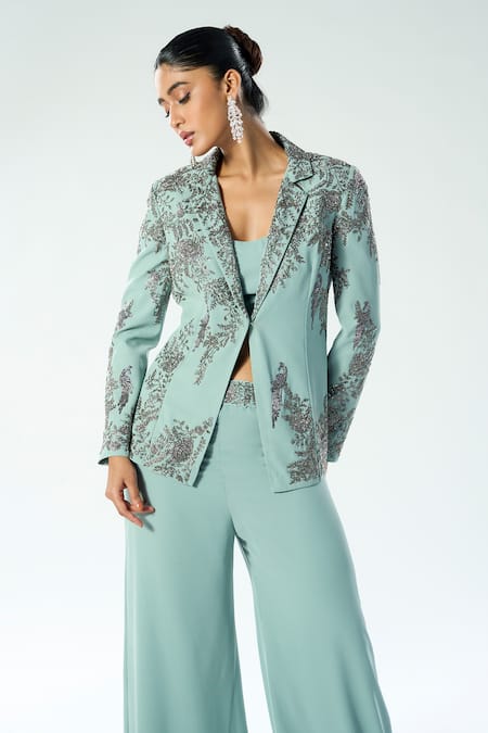 Rishi And Soujit_Blue Georgette Hand Embroidery Chir Jacket Lapel Cutdana Pant Set _Online_at_Aza_Fashions