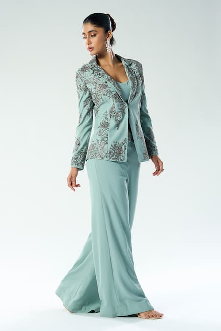 Buy_Rishi And Soujit_Blue Georgette Hand Embroidery Chir Jacket Lapel Cutdana Pant Set _Online_at_Aza_Fashions