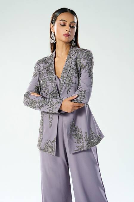 Rishi And Soujit_Purple Georgette Hand Embroidery Chir Jacket Lapel Pant Set _Online_at_Aza_Fashions