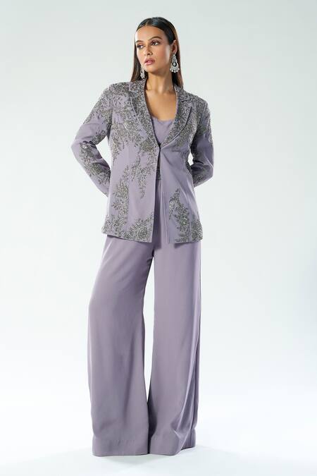 Buy_Rishi And Soujit_Purple Georgette Hand Embroidery Chir Jacket Lapel Pant Set _Online_at_Aza_Fashions