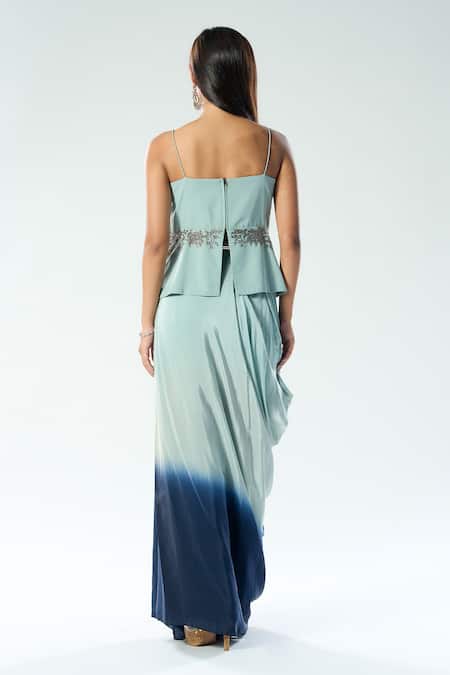 Rishi And Soujit Blue Embroidered Peplum Top & Draped Skirt 