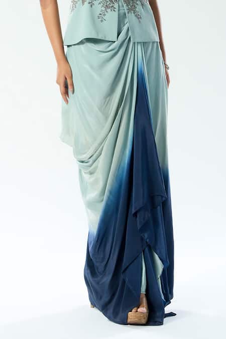 Rishi And Soujit Blue Georgette Hand Embroidery Chir Straight Peplum Top And Draped Skirt Online at Aza Fashions Rishi And Soujit_Blue Georgette Hand Embroidery Chir Straight Peplum Top And Draped Skirt _Online_at_Aza_Fashions