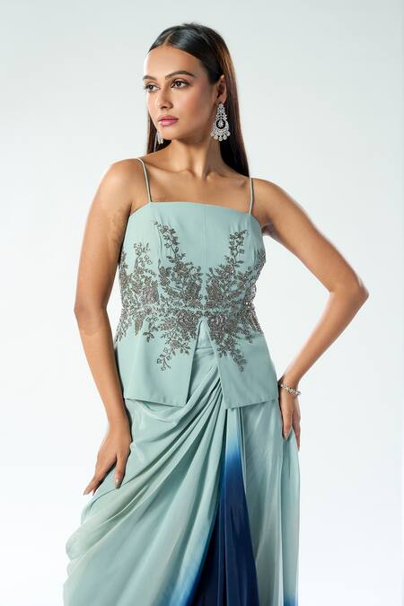 Buy Rishi And Soujit Blue Georgette Hand Embroidery Chir Straight Peplum Top And Draped Skirt Online at Aza Fashions Buy_Rishi And Soujit_Blue Georgette Hand Embroidery Chir Straight Peplum Top And Draped Skirt _Online_at_Aza_Fashions