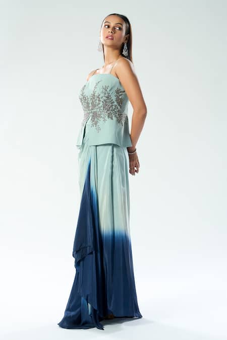Shop Rishi And Soujit Blue Georgette Hand Embroidery Chir Straight Peplum Top And Draped Skirt Online at Aza Fashions Shop_Rishi And Soujit_Blue Georgette Hand Embroidery Chir Straight Peplum Top And Draped Skirt _Online_at_Aza_Fashions