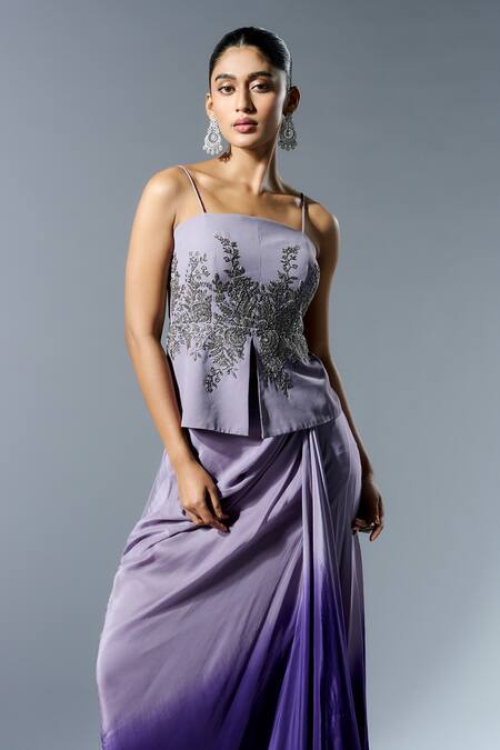 Buy_Rishi And Soujit_Purple Georgette Hand Embroidery Chir Straight Sequin Peplum Top And Draped Skirt _Online_at_Aza_Fashions