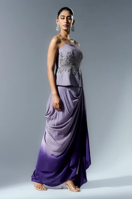 Shop_Rishi And Soujit_Purple Georgette Hand Embroidery Chir Straight Sequin Peplum Top And Draped Skirt _Online_at_Aza_Fashions