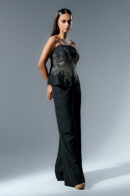Buy_Rishi And Soujit_Black Georgette Hand Embroidery Chir Straight Peplum Top With Flared Pants _Online_at_Aza_Fashions