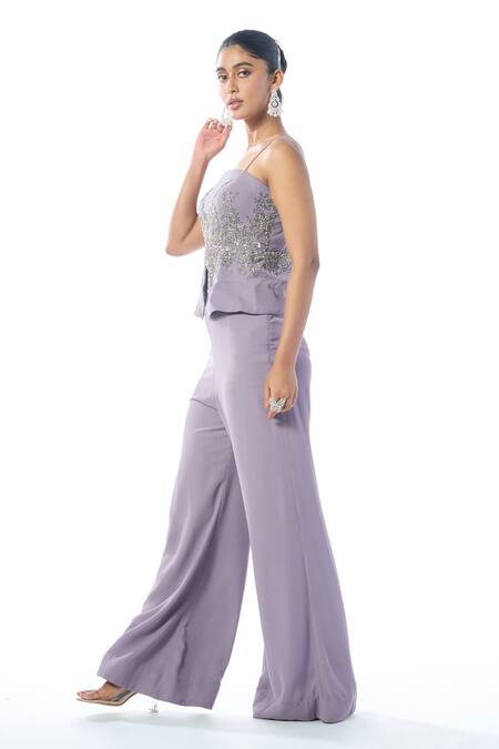 Shop Rishi And Soujit Purple Georgette Hand Embroidery Chir Straight Peplum Cutdana Top And Pant Set Online at Aza Fashions Shop_Rishi And Soujit_Purple Georgette Hand Embroidery Chir Straight Peplum Cutdana Top And Pant Set _Online_at_Aza_Fashions
