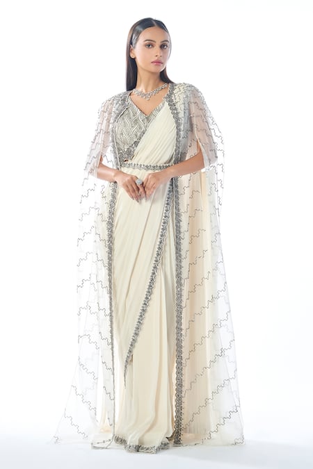 Rishi and Soujit Bead Embroidered Pre-Draped Saree Set 