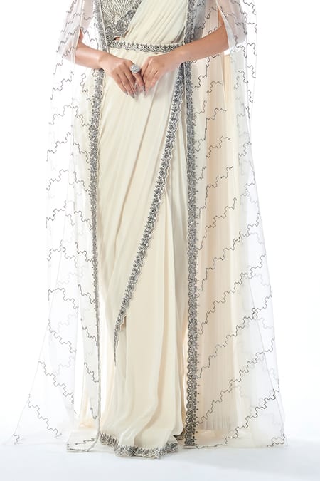 Rishi And Soujit_Ivory Organza, Georgette Beads, Chains, Cut Embroidered Pre-draped Saree Set _Online_at_Aza_Fashions