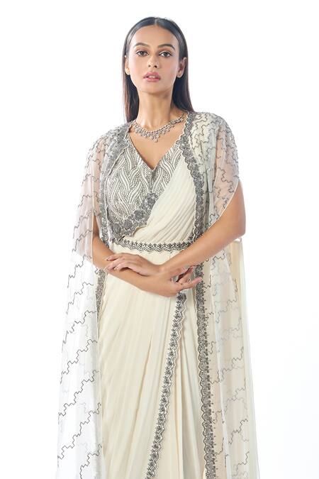 Buy_Rishi And Soujit_Ivory Organza, Georgette Beads, Chains, Cut Embroidered Pre-draped Saree Set _Online_at_Aza_Fashions