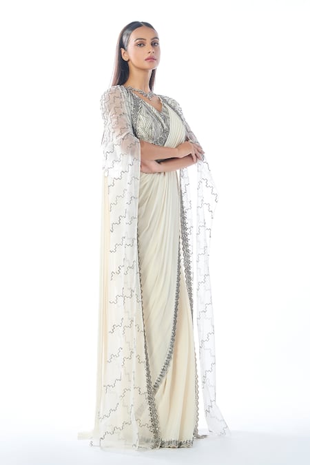 Shop_Rishi And Soujit_Ivory Organza, Georgette Beads, Chains, Cut Embroidered Pre-draped Saree Set _Online_at_Aza_Fashions