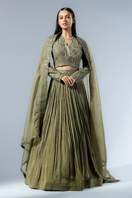 Rishi and Soujit Pleated Lehenga Set With Cut Dana Embroidered Jacket Blouse 