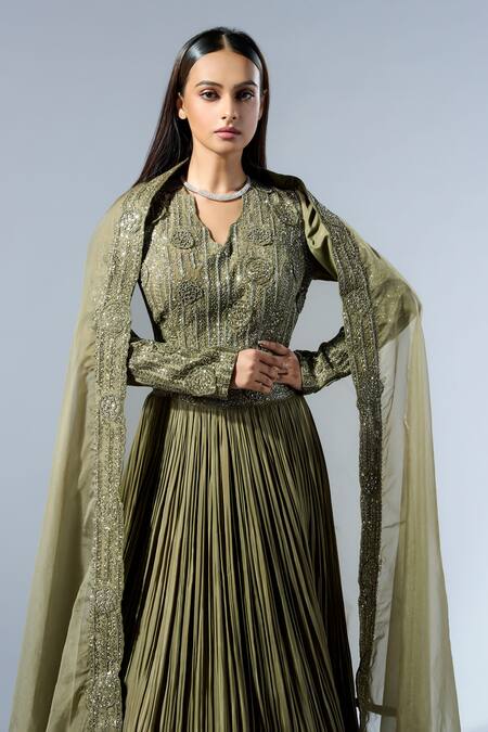 Rishi And Soujit_Green Organza, Crepe Sequins, Cut Work Embroidered Jacket And Pleated Lehenga Set _Online_at_Aza_Fashions