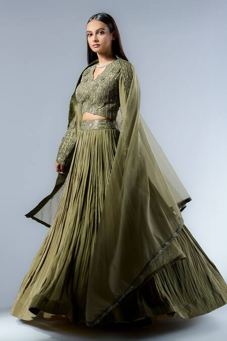 Buy_Rishi And Soujit_Green Organza, Crepe Sequins, Cut Work Embroidered Jacket And Pleated Lehenga Set _Online_at_Aza_Fashions