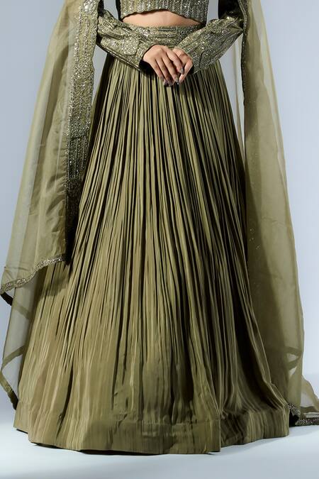 Shop_Rishi And Soujit_Green Organza, Crepe Sequins, Cut Work Embroidered Jacket And Pleated Lehenga Set _Online_at_Aza_Fashions
