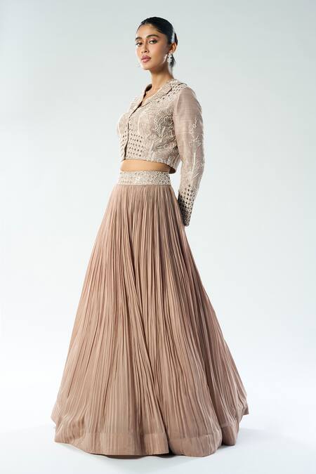 Shop Rishi And Soujit Pink Silk, Organza, Crepe Cut Work, Sequins Pleated Lehenga And Embroidered Jacket Online at Aza Fashions Shop_Rishi And Soujit_Pink Silk, Organza, Crepe Cut Work, Sequins Pleated Lehenga And Embroidered Jacket _Online_at_Aza_Fashions