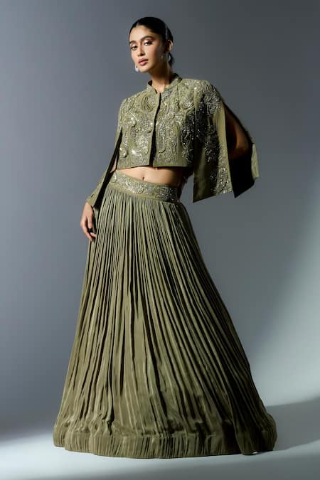 Rishi and Soujit Pleated Lehenga Set With Paisley Embroidered Jacket Cape 