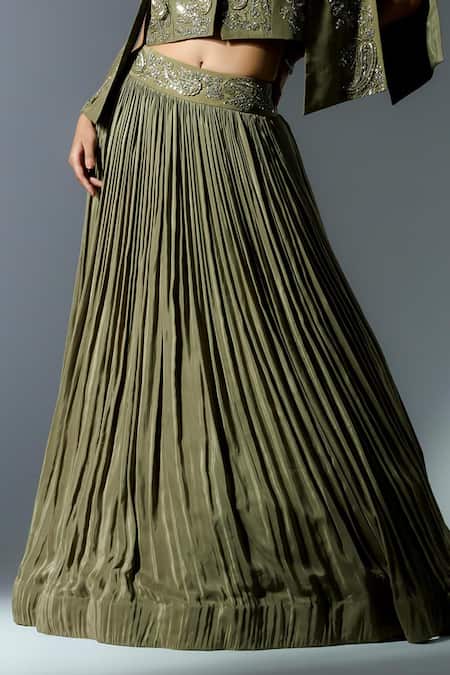 Rishi And Soujit Green Crepe Sequins, Cut Work, Embroidery Mandarin Cape Jacket Lehenga Set Online at Aza Fashions Rishi And Soujit_Green Crepe Sequins, Cut Work, Embroidery Mandarin Cape Jacket Lehenga Set _Online_at_Aza_Fashions