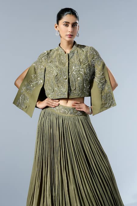 Buy Rishi And Soujit Green Crepe Sequins, Cut Work, Embroidery Mandarin Cape Jacket Lehenga Set Online at Aza Fashions Buy_Rishi And Soujit_Green Crepe Sequins, Cut Work, Embroidery Mandarin Cape Jacket Lehenga Set _Online_at_Aza_Fashions