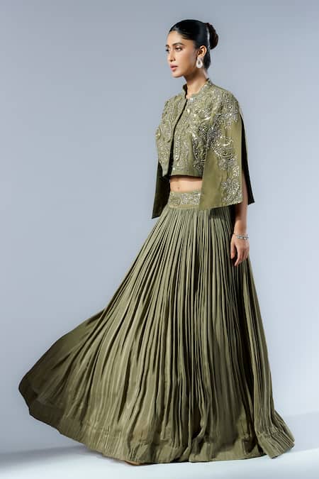 Shop Rishi And Soujit Green Crepe Sequins, Cut Work, Embroidery Mandarin Cape Jacket Lehenga Set Online at Aza Fashions Shop_Rishi And Soujit_Green Crepe Sequins, Cut Work, Embroidery Mandarin Cape Jacket Lehenga Set _Online_at_Aza_Fashions