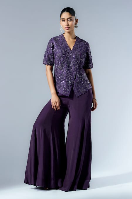 Rishi and Soujit Sequin Embroidered Wrap Tunic With Flared Pant 