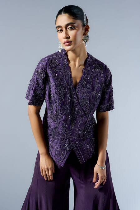 Rishi And Soujit_Purple Silk, Organza Sequins V-neck Embroidered Wrap Tunic And Flared Pant _Online_at_Aza_Fashions