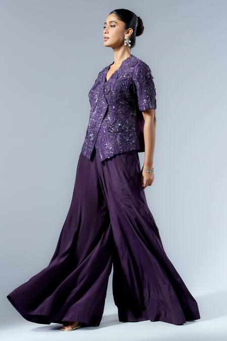 Buy_Rishi And Soujit_Purple Silk, Organza Sequins V-neck Embroidered Wrap Tunic And Flared Pant _Online_at_Aza_Fashions