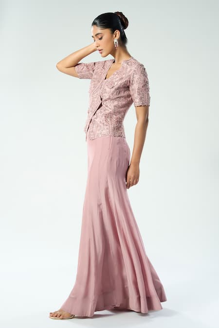 Rishi And Soujit_Pink Silk, Organza Sequins, Cut Work V-neck Floral Embroidered Wrap Tunic Set _Online_at_Aza_Fashions