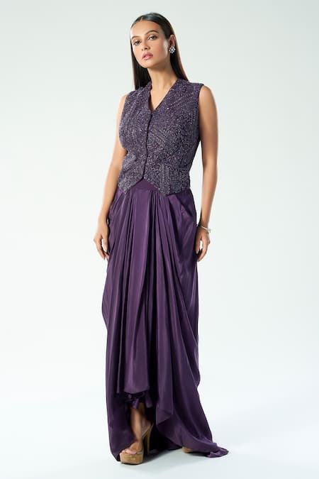 Rishi and Soujit Sequin Floral Embroidered Waistcoat With Draped Skirt 