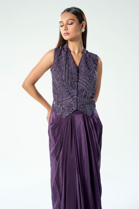 Rishi And Soujit_Purple Crepe Embroidery, Sequins V-neck Floral Waistcoat And Skirt Set _Online_at_Aza_Fashions