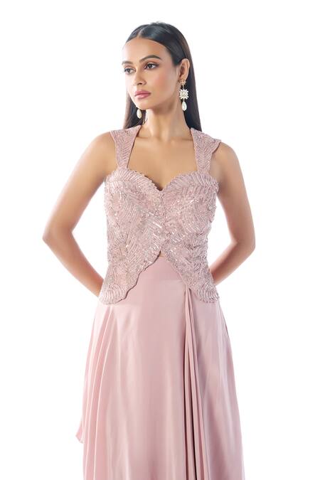 Rishi And Soujit_Pink Crepe Sequins, Cut Work Sweetheart Neck Embroidered Corset And Draped Skirt _Online_at_Aza_Fashions