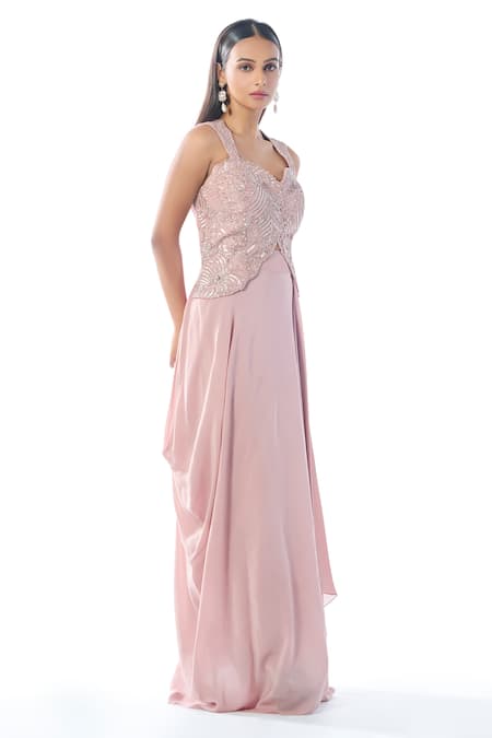 Buy_Rishi And Soujit_Pink Crepe Sequins, Cut Work Sweetheart Neck Embroidered Corset And Draped Skirt _Online_at_Aza_Fashions