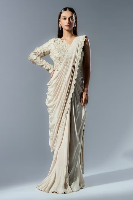 Rishi and Soujit Embroidered Border Pre-Draped Saree With One Shoulder Blouse 