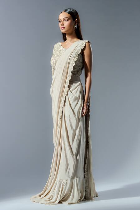 Buy_Rishi And Soujit_Ivory Crepe, Organza Cut Work, Embroidered Border Pre-draped Saree And Blouse _Online_at_Aza_Fashions